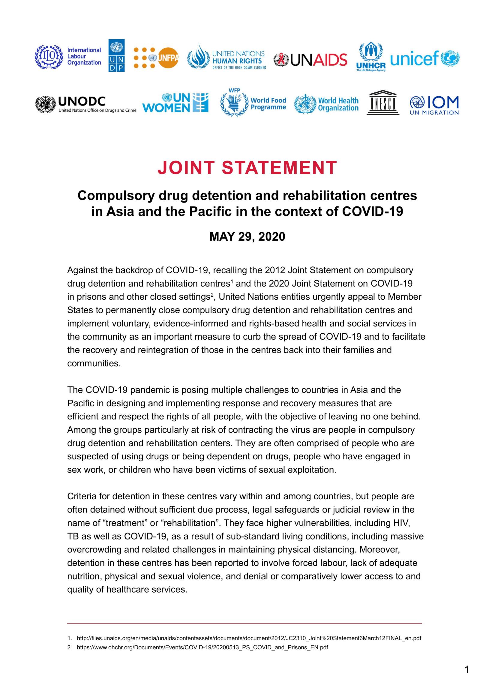 Joint Statement: Compulsory Drug Detention, Rehabilitation Centres ...