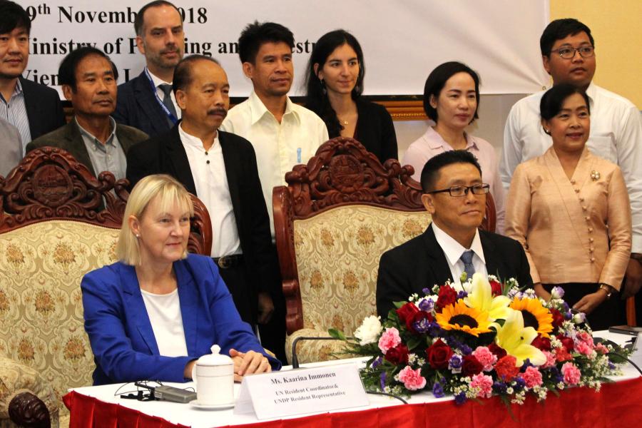 Deputy Minister of Planning and Investment, His Excellency Dr. Kikeo Chanthaboury and UN Lao PDR Resident Coordinator, Ms. Kaarina Immonen prepared to receive questions from local journalists.