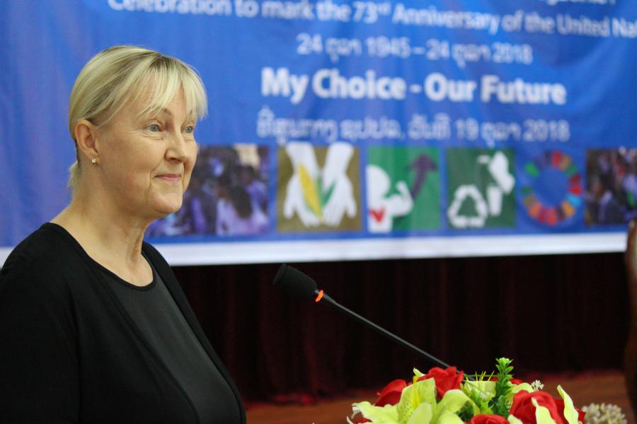 UN Resident Coordinator in Lao PDR, Ms. Kaarina Immonen gives a speech to the youth at the beginning of the event. 