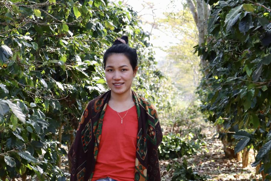 Phaengsy Daoduangdee in her coffee farm, Bolaven Plateau, Lao PDR.